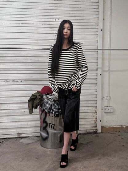 FULLTIDE 100% Cotton Long Sleeve Crewneck Midlength Women Black White Stripe T-Shirt