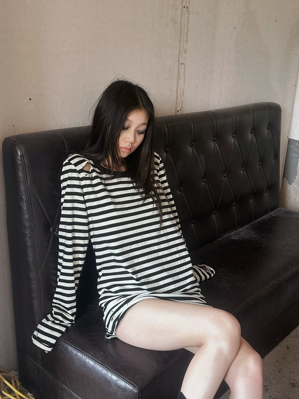 FULLTIDE 100% Cotton Long Sleeve Crewneck Midlength Women Black White Stripe T-Shirt