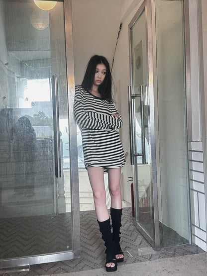 FULLTIDE 100% Cotton Long Sleeve Crewneck Midlength Women Black White Stripe T-Shirt