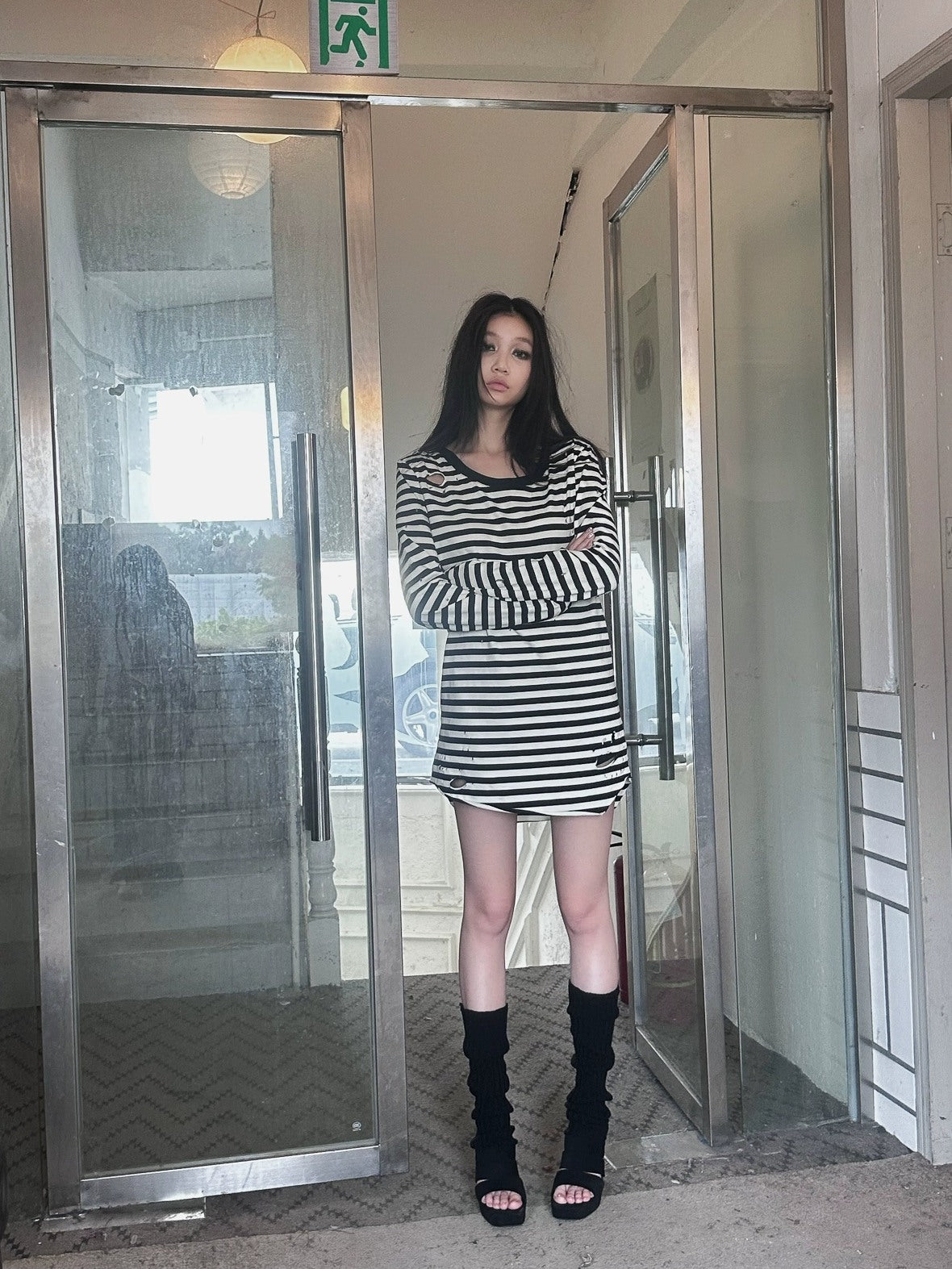 FULLTIDE 100% Cotton Long Sleeve Crewneck Midlength Women Black White Stripe T-Shirt