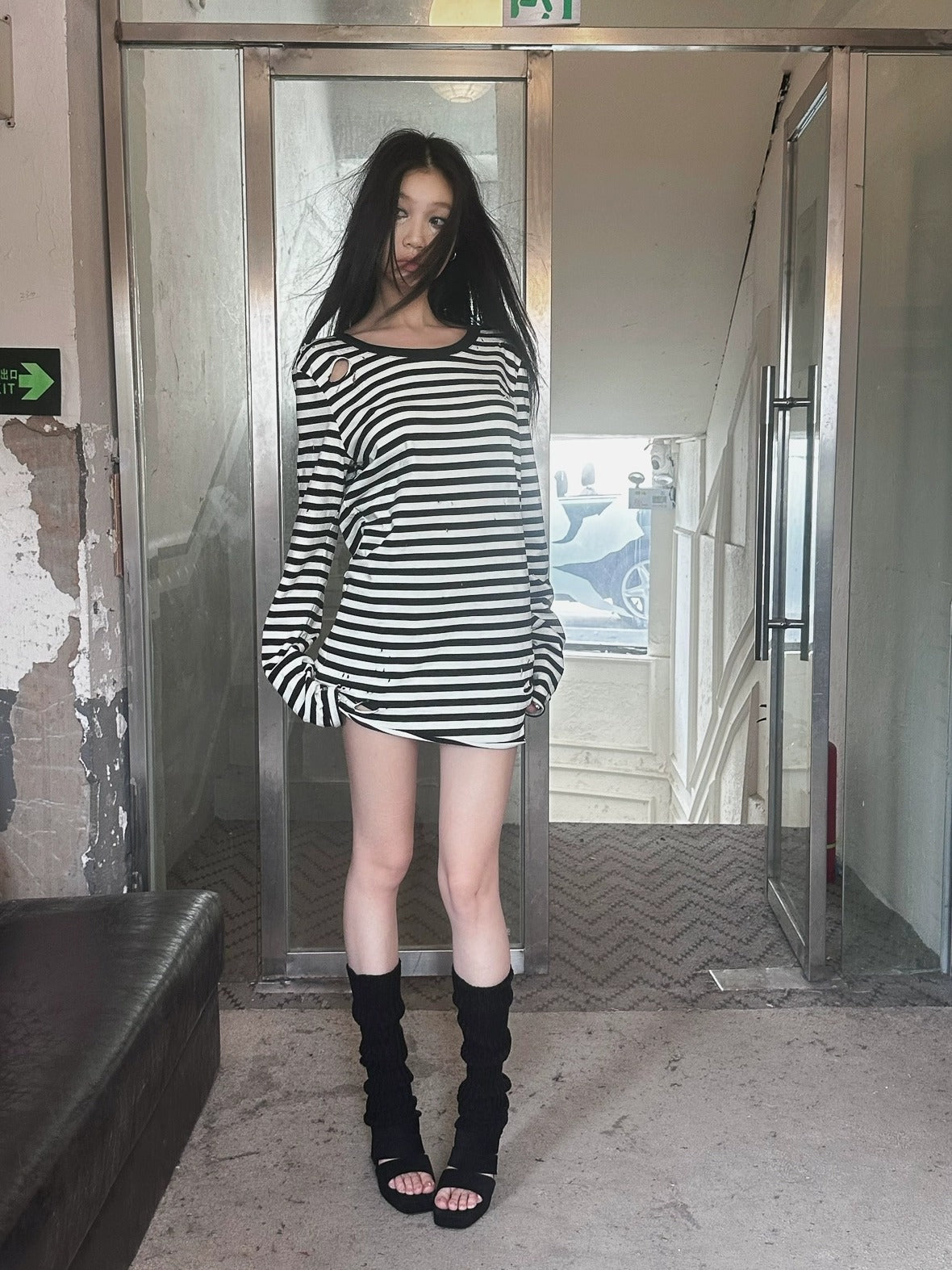 FULLTIDE 100% Cotton Long Sleeve Crewneck Midlength Women Black White Stripe T-Shirt