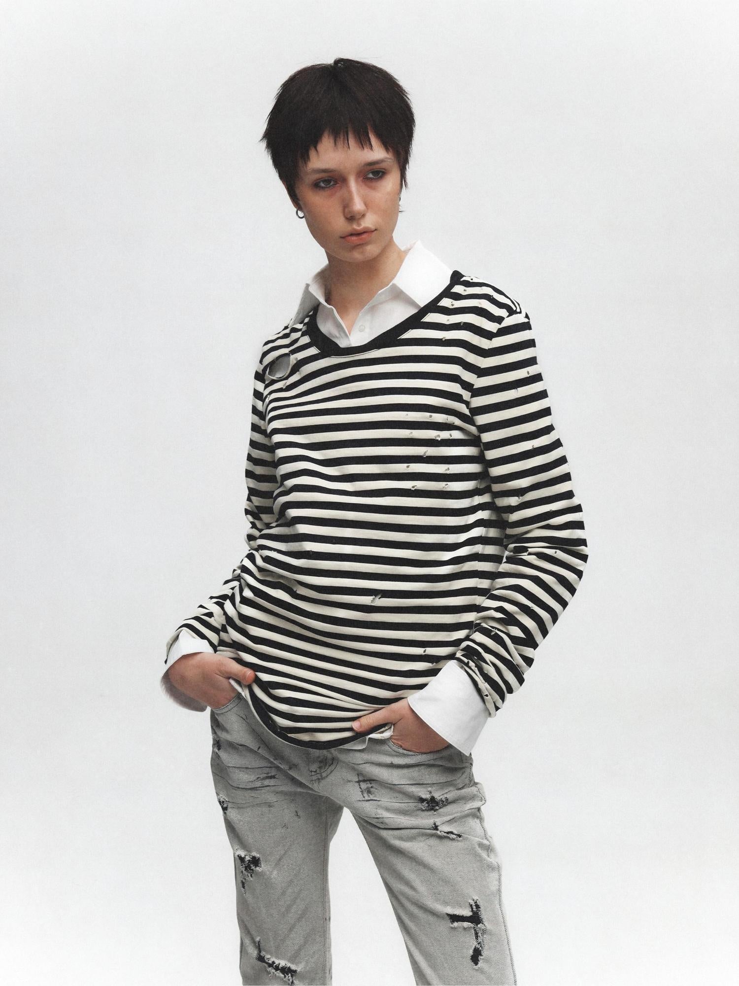 FULLTIDE 100% Cotton Long Sleeve Crewneck Midlength Women Black White Stripe T-Shirt