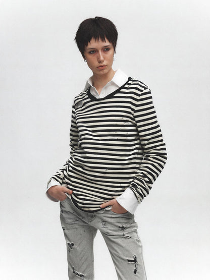 FULLTIDE 100% Cotton Long Sleeve Crewneck Midlength Women Black White Stripe T-Shirt