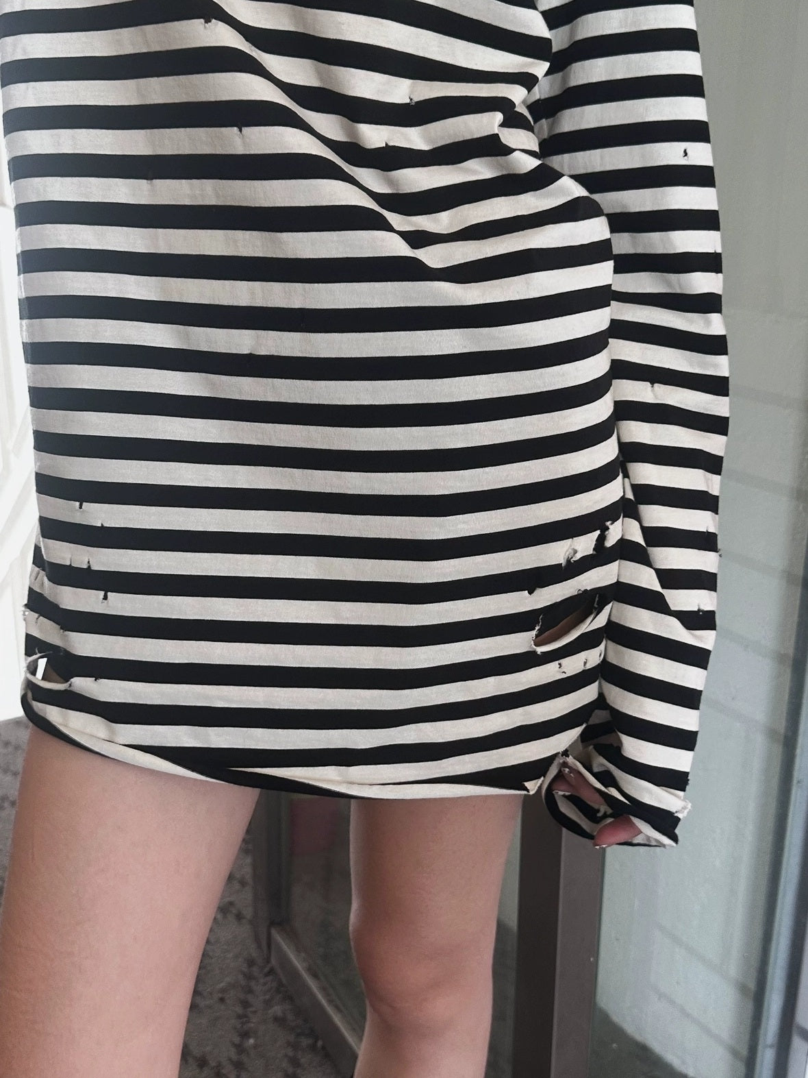 FULLTIDE 100% Cotton Long Sleeve Crewneck Midlength Women Black White Stripe T-Shirt