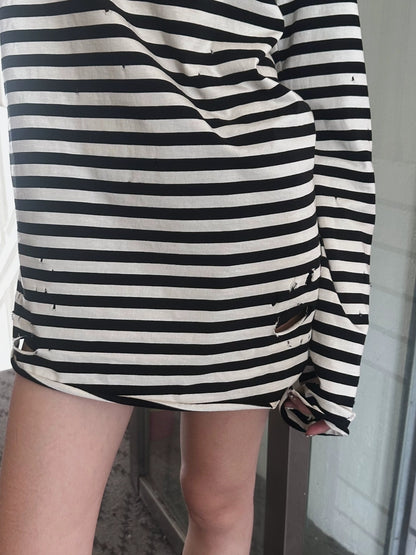 FULLTIDE 100% Cotton Long Sleeve Crewneck Midlength Women Black White Stripe T-Shirt