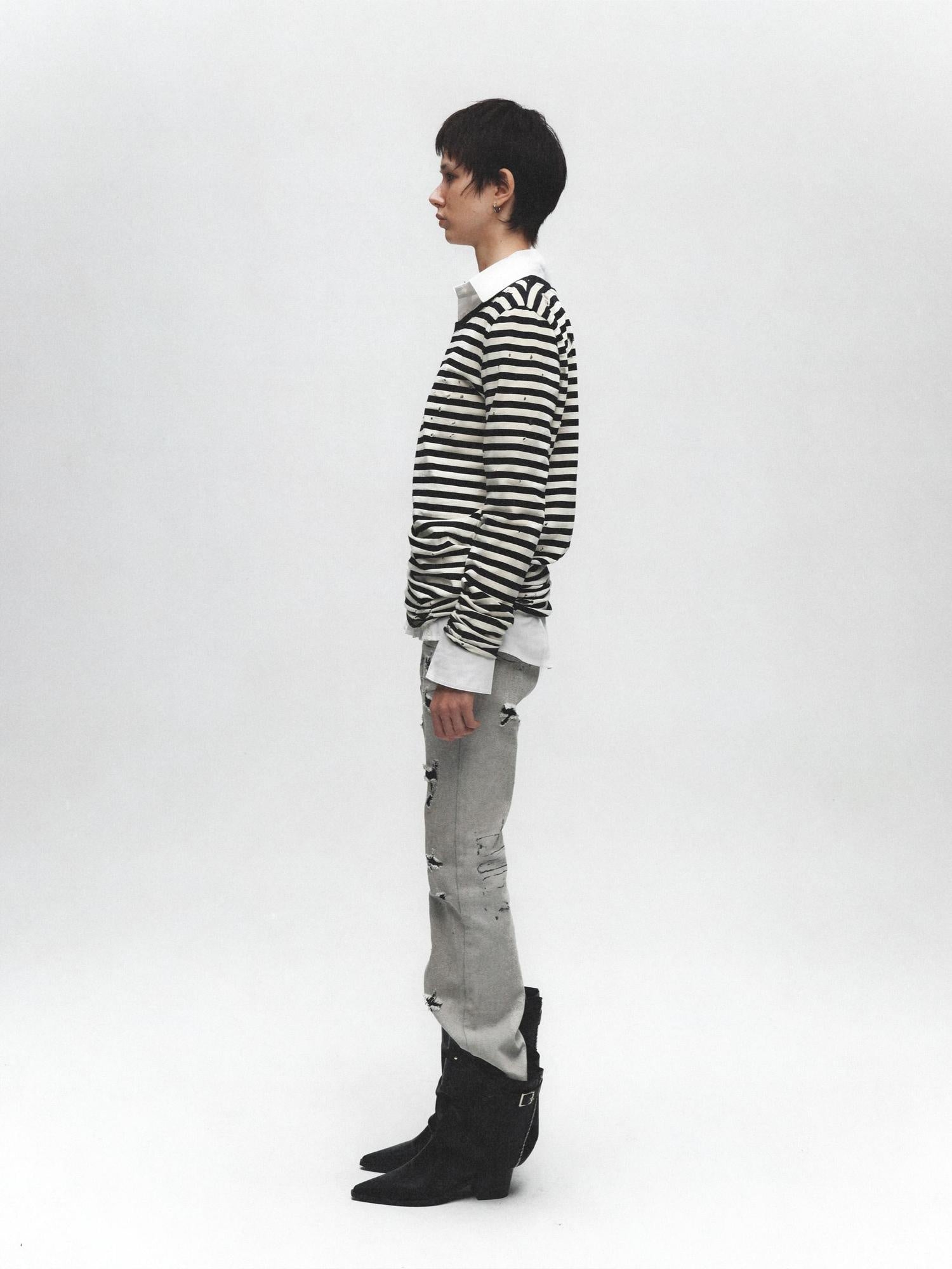 FULLTIDE 100% Cotton Long Sleeve Crewneck Midlength Women Black White Stripe T-Shirt