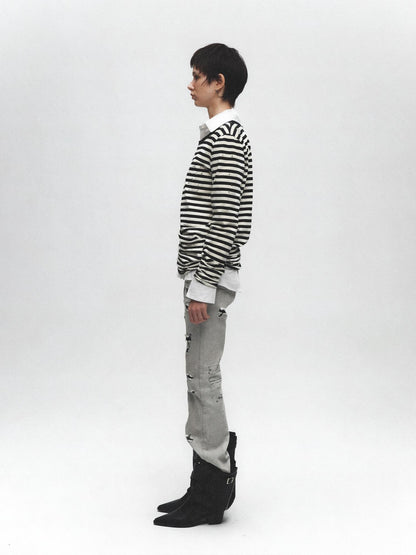 FULLTIDE 100% Cotton Long Sleeve Crewneck Midlength Women Black White Stripe T-Shirt