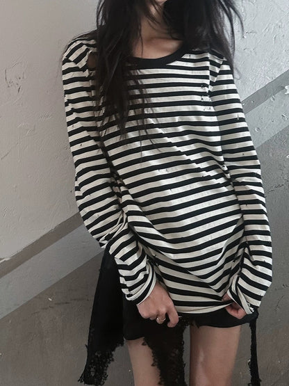 FULLTIDE 100% Cotton Long Sleeve Crewneck Midlength Women Black White Stripe T-Shirt