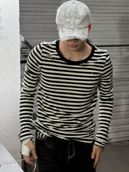 FULLTIDE 100% Cotton Long Sleeve Crewneck Midlength Women Black White Stripe T-Shirt