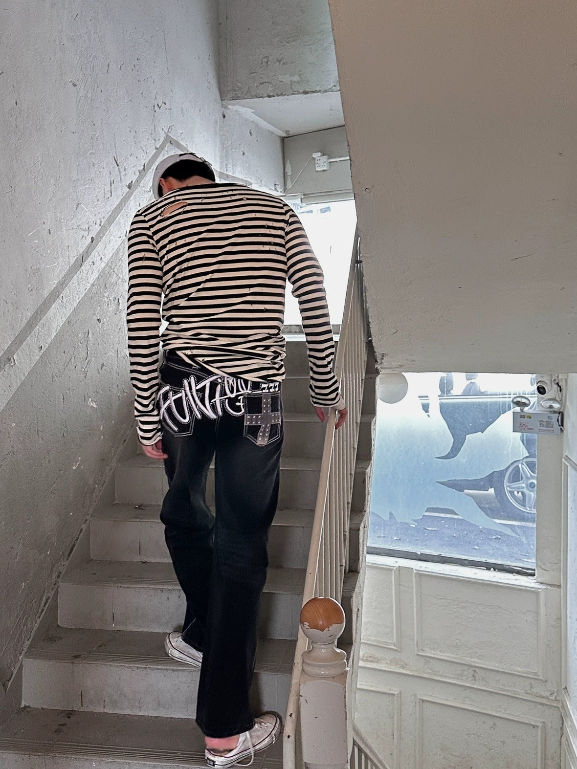 FULLTIDE 100% Cotton Long Sleeve Crewneck Midlength Women Black White Stripe T-Shirt