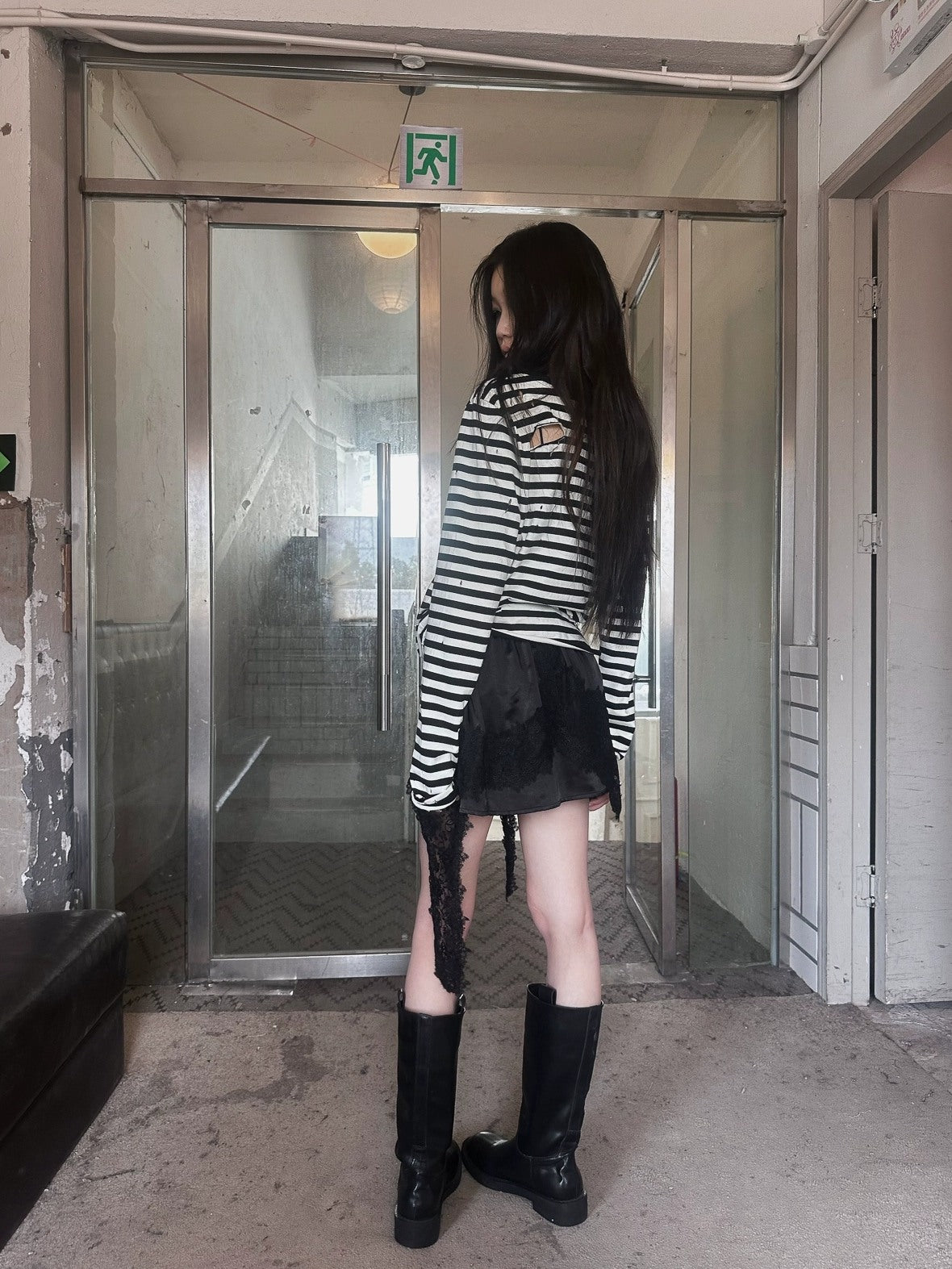 FULLTIDE 100% Cotton Long Sleeve Crewneck Midlength Women Black White Stripe T-Shirt