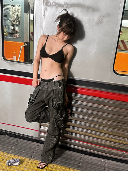 FULLTIDE 100% Cotton Low Rise Baggy Streetwear Women Stone Gray Light Khaki Pants