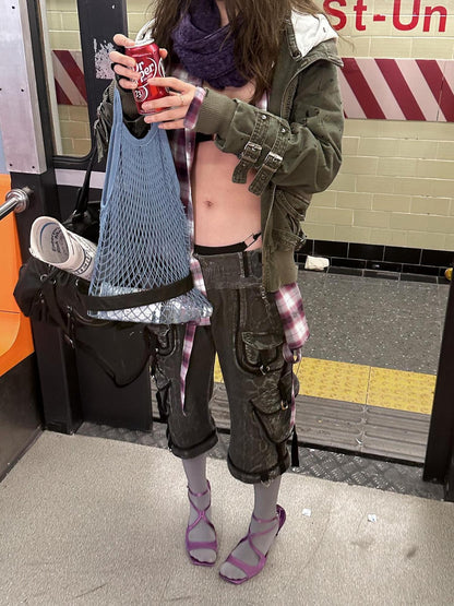 FULLTIDE 100% Cotton Low Rise Baggy Streetwear Women Stone Gray Light Khaki Pants