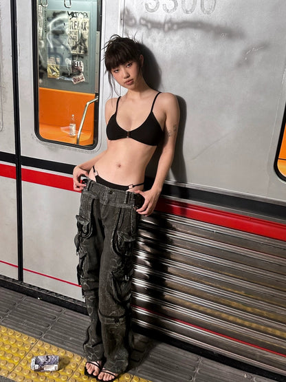 FULLTIDE 100% Cotton Low Rise Baggy Streetwear Women Stone Gray Light Khaki Pants