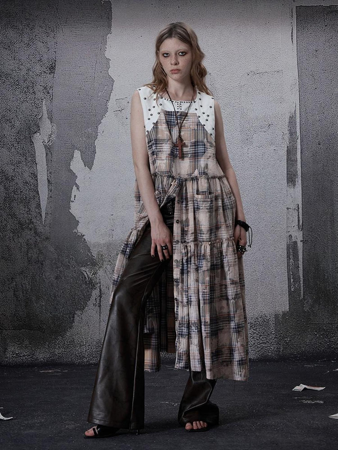 FULLTIDE 100 Percent Cotton A Line Round Neck Sleeveless White Check Women Office Dresses