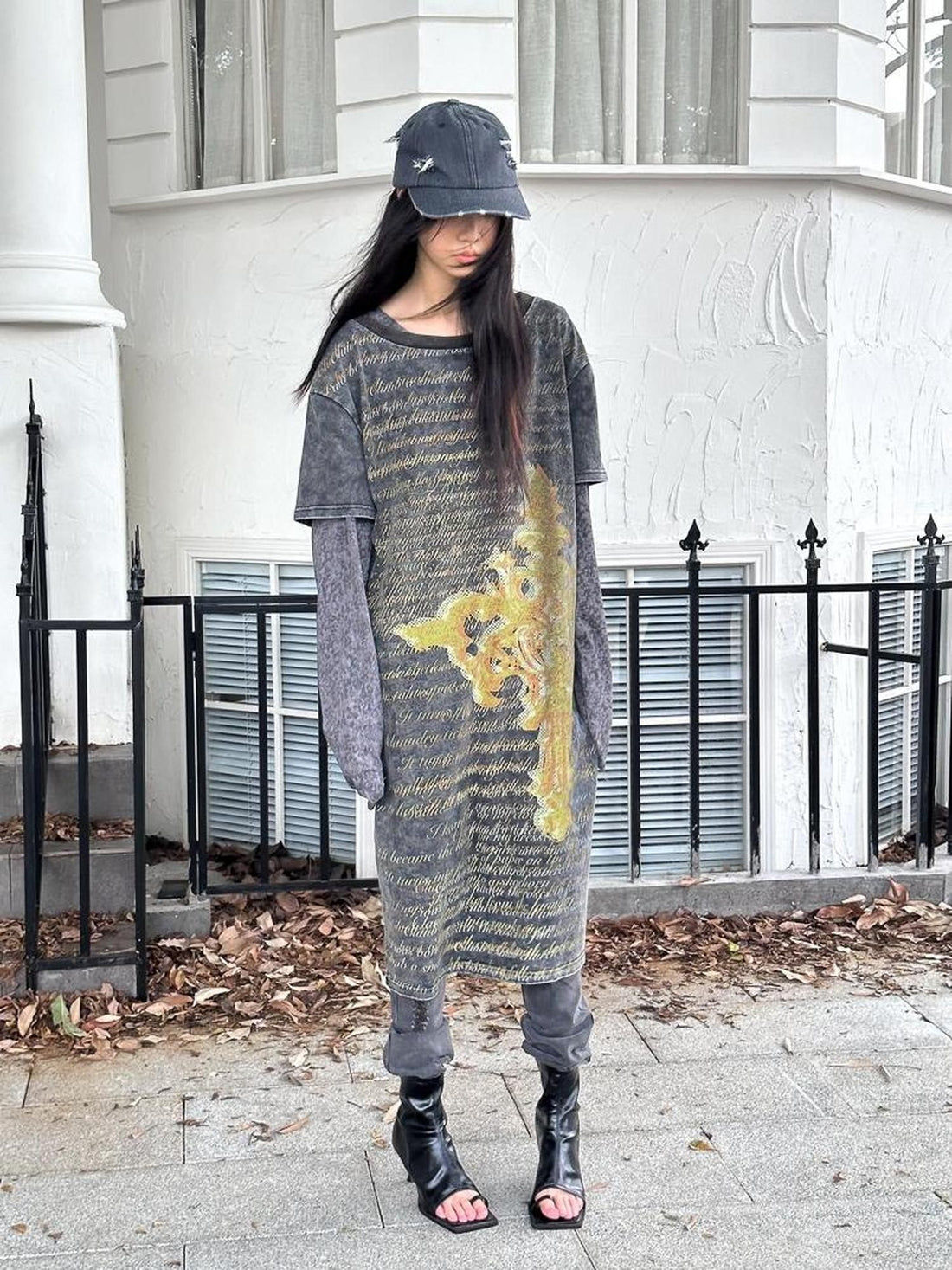 FULLTIDE 100 Percent Cotton Streetwear Crew Neck Mid Length Women Gray Yellow T-Shirt