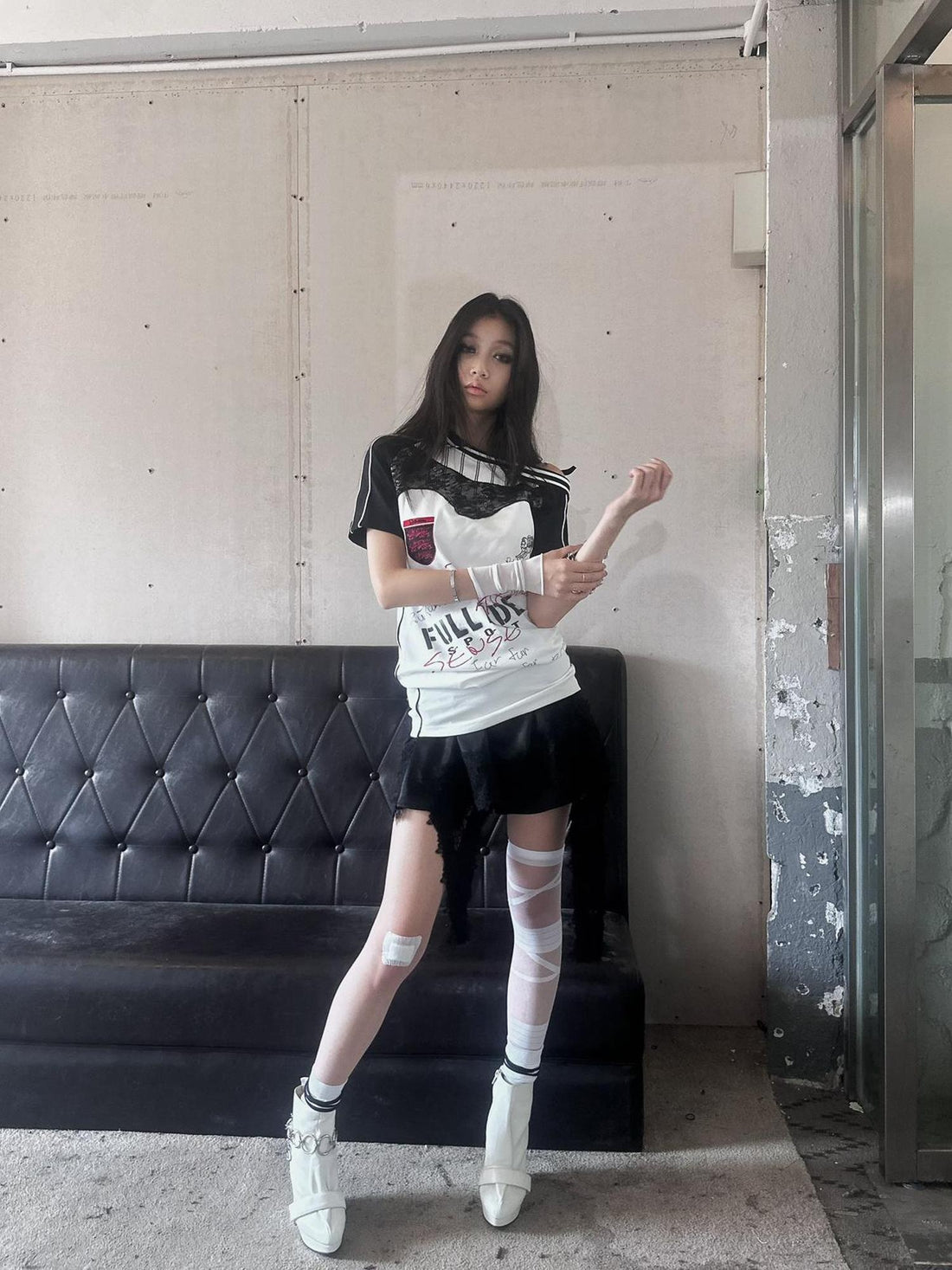 FULLTIDE 100 Percent Cupro Faux Layered Ins Asymmetric Lace U Neck Women T-Shirt