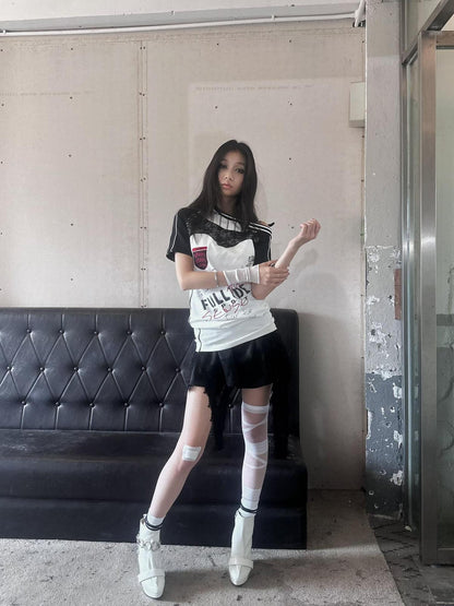 FULLTIDE 100 Percent Cupro Faux Layered Ins Asymmetric Lace U Neck Women T-Shirt