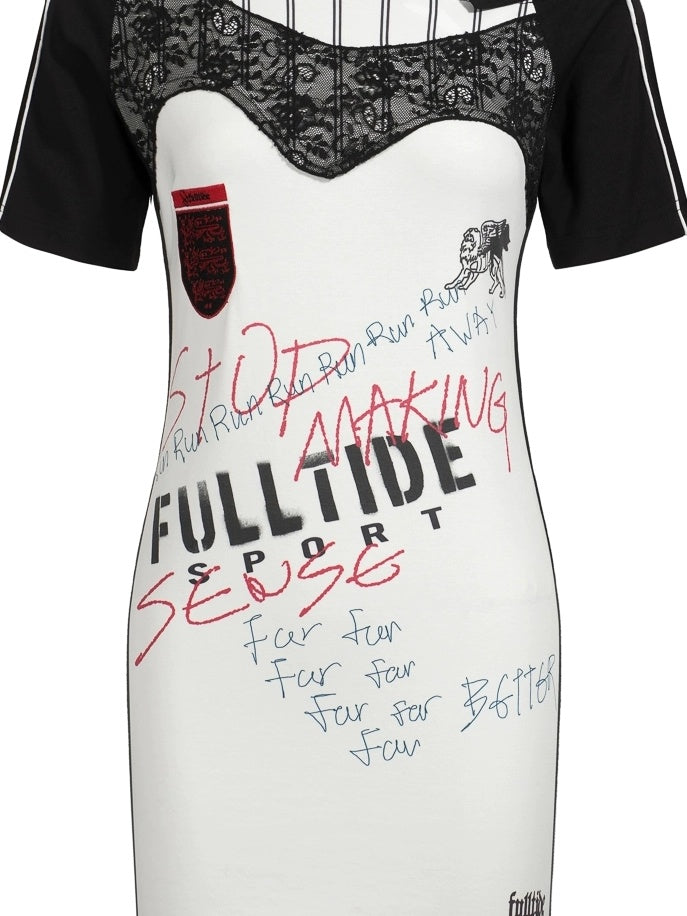 FULLTIDE 100 Percent Cupro Faux Layered Ins Asymmetric Lace U Neck Women T-Shirt