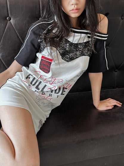 FULLTIDE 100 Percent Cupro Faux Layered Ins Asymmetric Lace U Neck Women T-Shirt