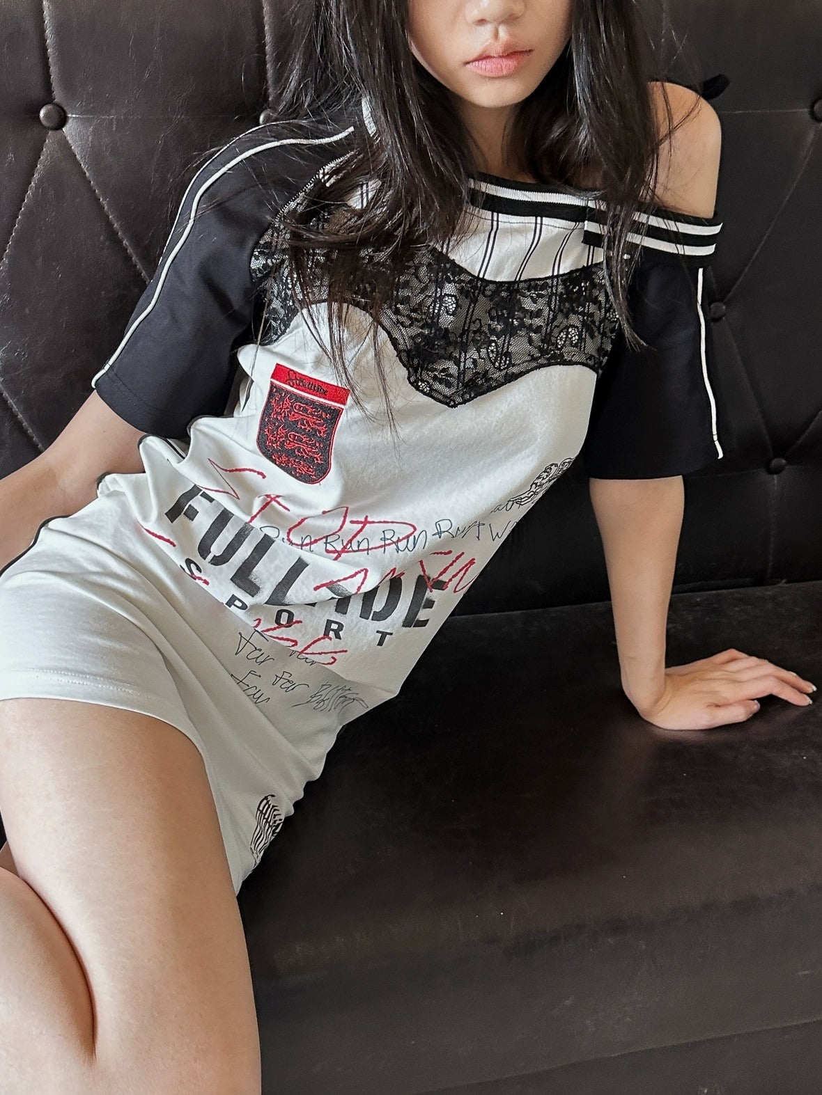 FULLTIDE 100 Percent Cupro Faux Layered Ins Asymmetric Lace U Neck Women T-Shirt