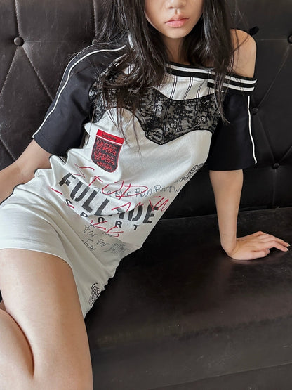 FULLTIDE 100 Percent Cupro Faux Layered Ins Asymmetric Lace U Neck Women T-Shirt