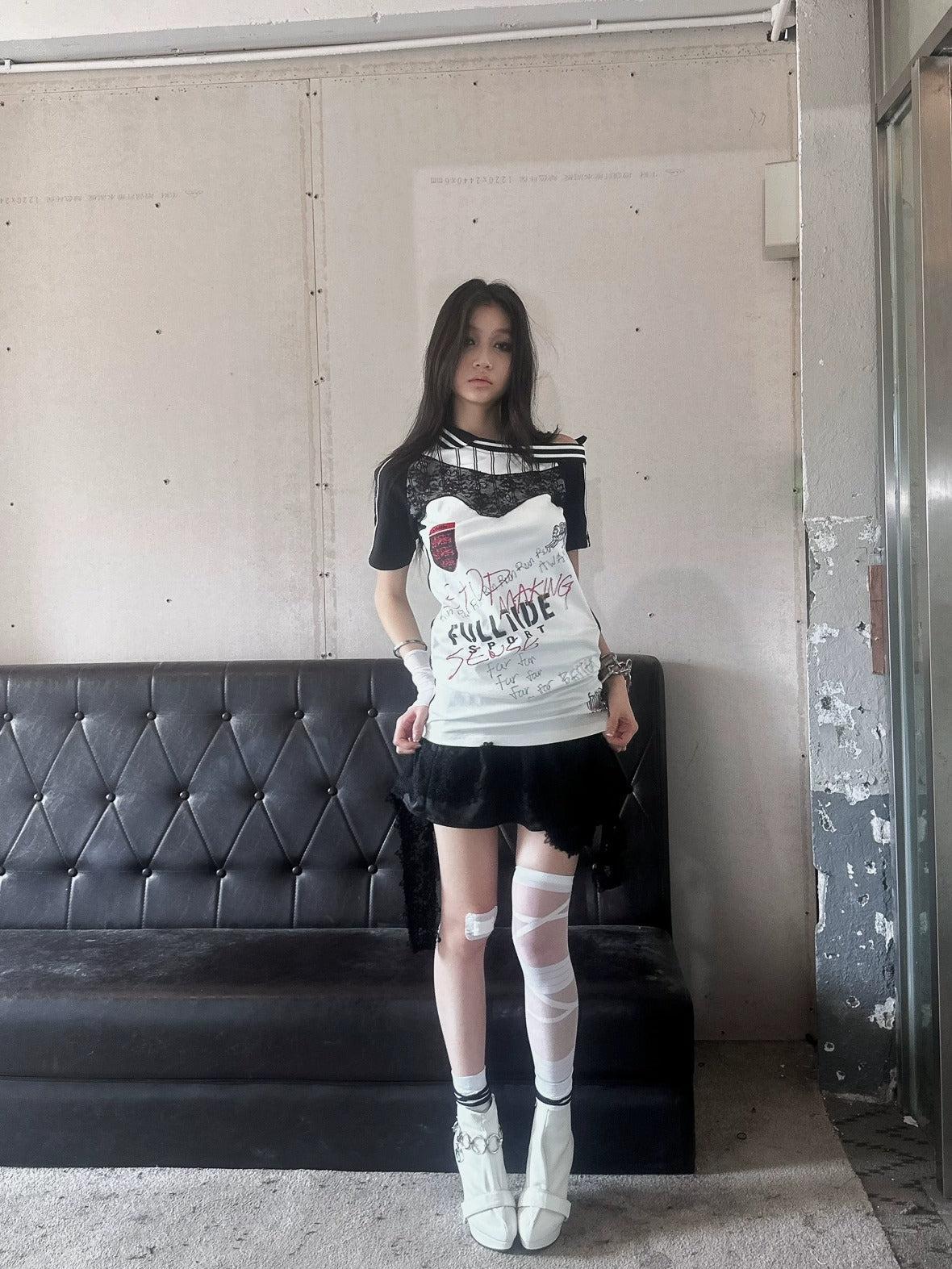 FULLTIDE 100 Percent Cupro Faux Layered Ins Asymmetric Lace U Neck Women T-Shirt