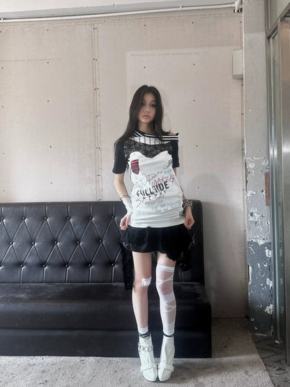 FULLTIDE 100 Percent Cupro Faux Layered Ins Asymmetric Lace U Neck Women T-Shirt