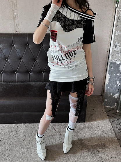 FULLTIDE 100 Percent Cupro Faux Layered Ins Asymmetric Lace U Neck Women T-Shirt