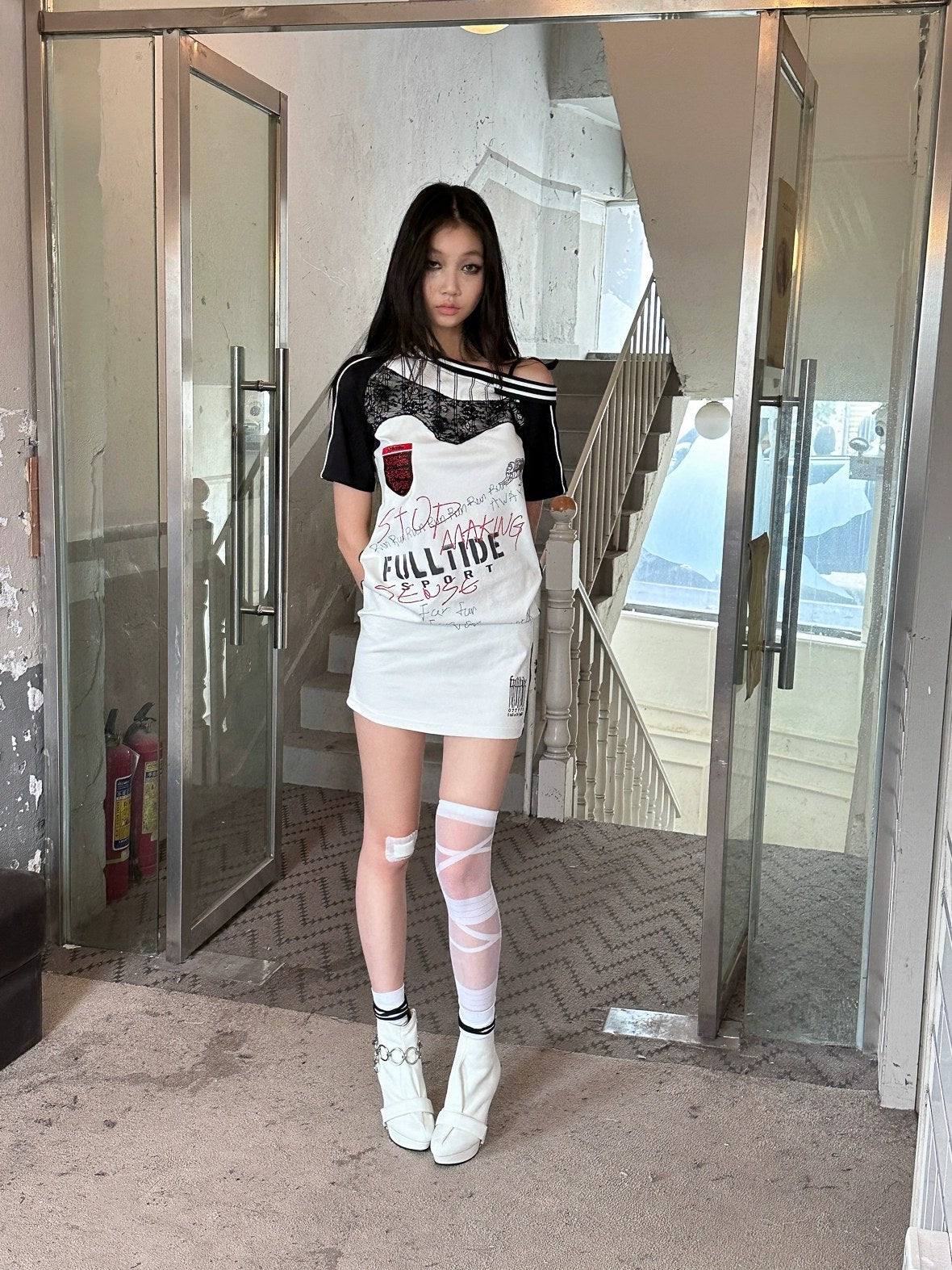 FULLTIDE 100 Percent Cupro Faux Layered Ins Asymmetric Lace U Neck Women T-Shirt