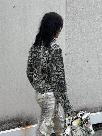 FULLTIDE All Cotton Denim Straight Fit Leopard Print Women Original Design Jacket