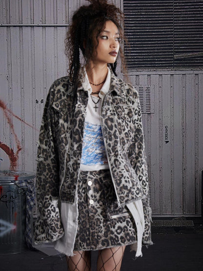 FULLTIDE All Cotton Denim Straight Fit Leopard Print Women Original Design Jacket