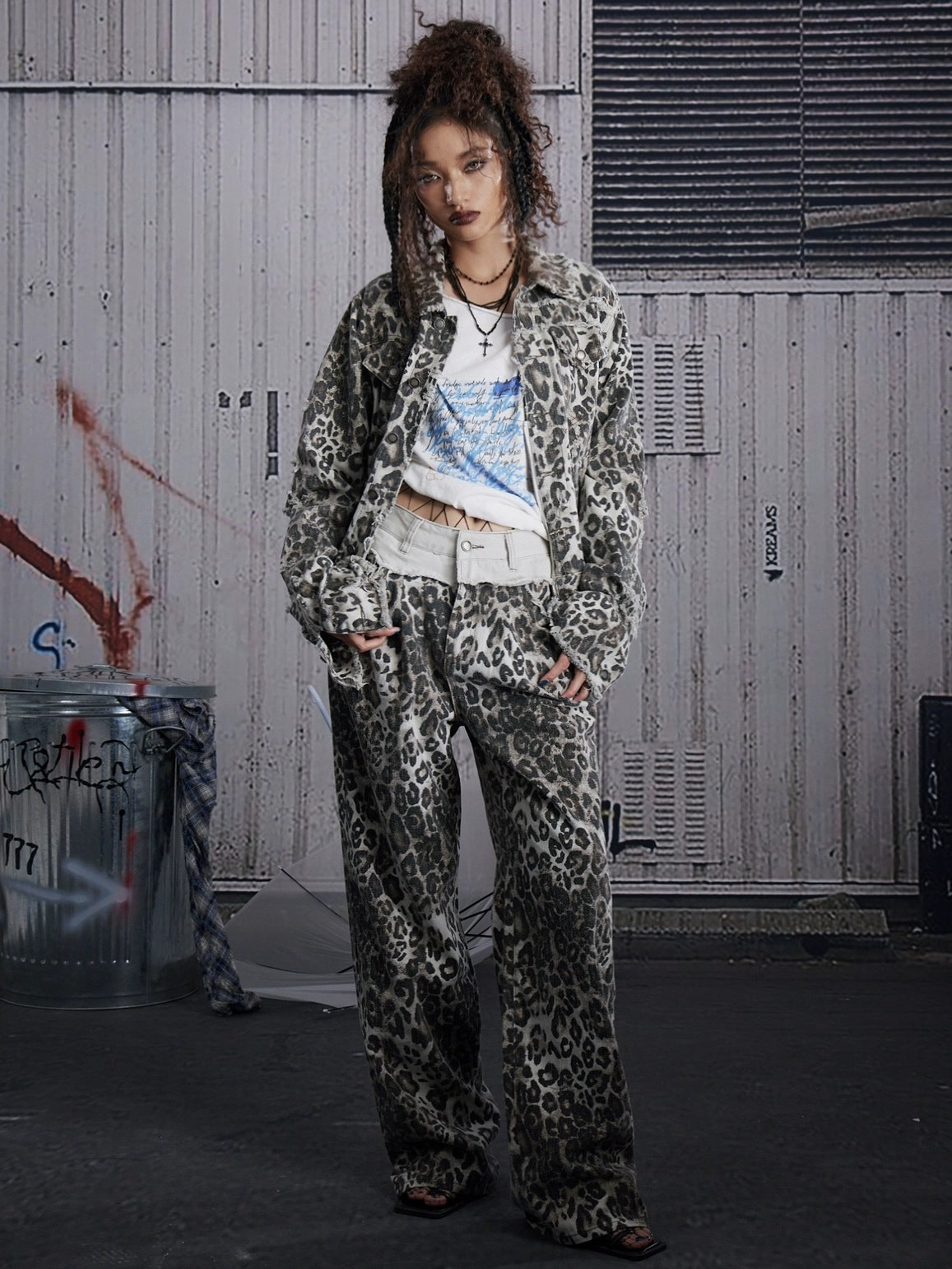 FULLTIDE All Cotton Denim Straight Fit Leopard Print Women Original Design Jacket