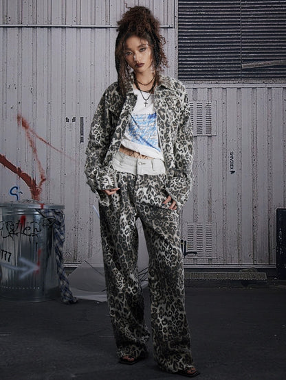FULLTIDE All Cotton Denim Straight Fit Leopard Print Women Original Design Jacket