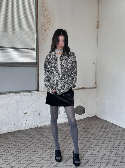 FULLTIDE All Cotton Denim Straight Fit Leopard Print Women Original Design Jacket