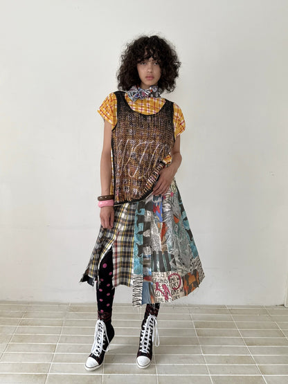 FULLTIDE Anti Exposure Graffiti Pleated Side Slit Mid Waist Women Cotton Midi Skirt