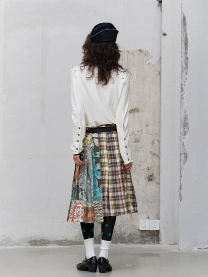 FULLTIDE Anti Exposure Graffiti Pleated Side Slit Mid Waist Women Cotton Midi Skirt