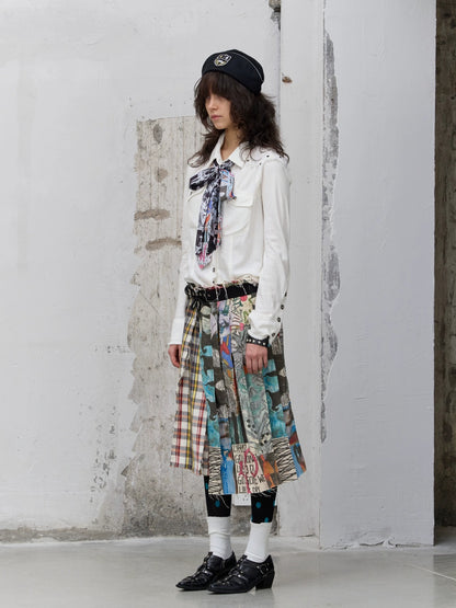 FULLTIDE Anti Exposure Graffiti Pleated Side Slit Mid Waist Women Cotton Midi Skirt