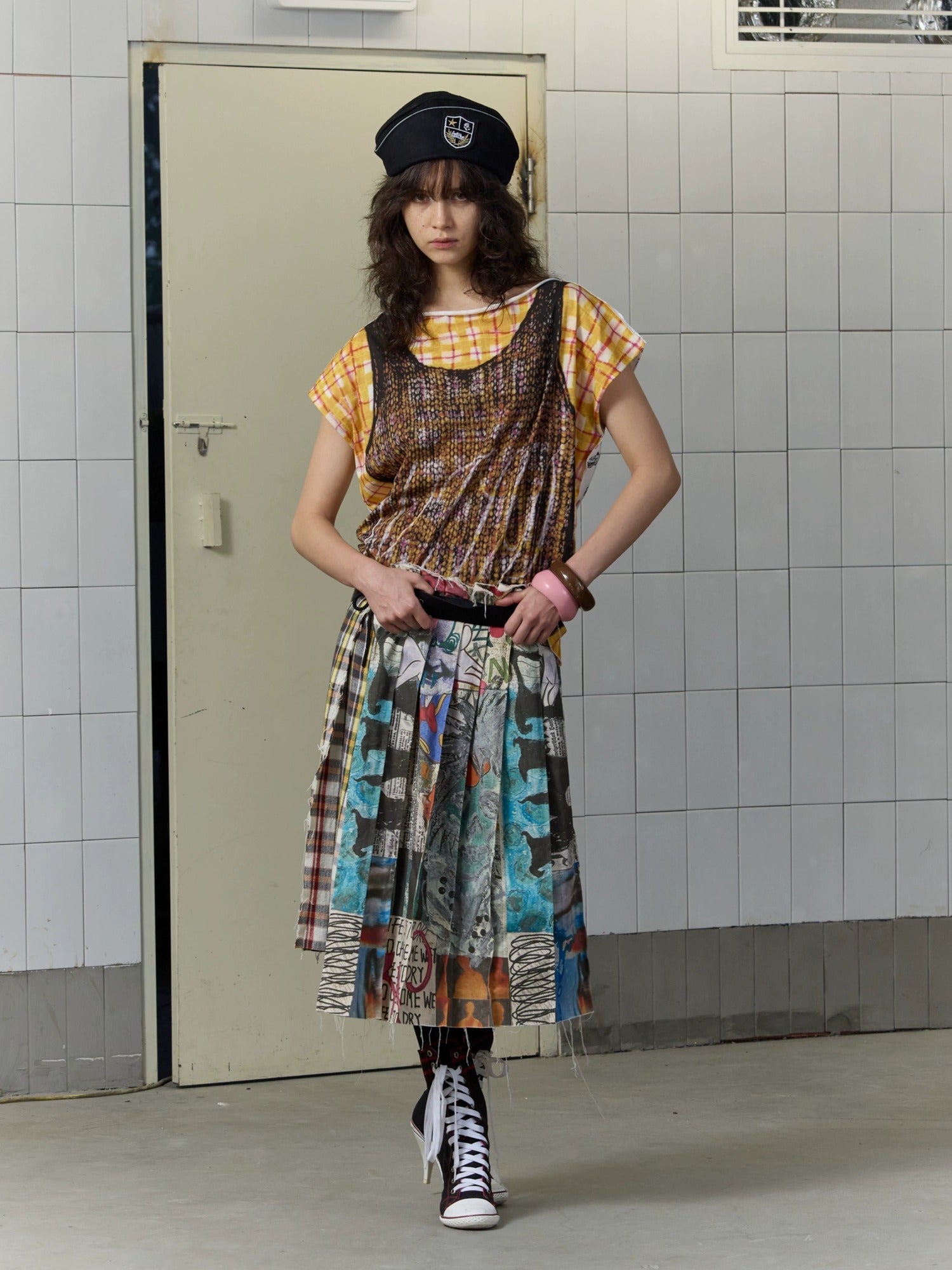 FULLTIDE Anti Exposure Graffiti Pleated Side Slit Mid Waist Women Cotton Midi Skirt