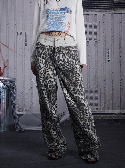 FULLTIDE Ash Gray Leopard Print Original Straight Leg Low Rise Women Cotton Pants