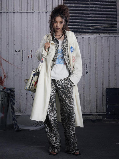 FULLTIDE Ash Gray Leopard Print Original Straight Leg Low Rise Women Cotton Pants