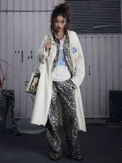 FULLTIDE Ash Gray Leopard Print Original Straight Leg Low Rise Women Cotton Pants