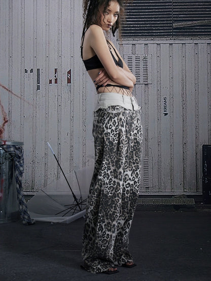 FULLTIDE Ash Gray Leopard Print Original Straight Leg Low Rise Women Cotton Pants