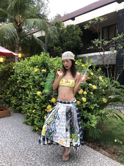 FULLTIDE Asymmetric Button Pleated A Line Street Mid Waist Cotton Women Midi Skirt