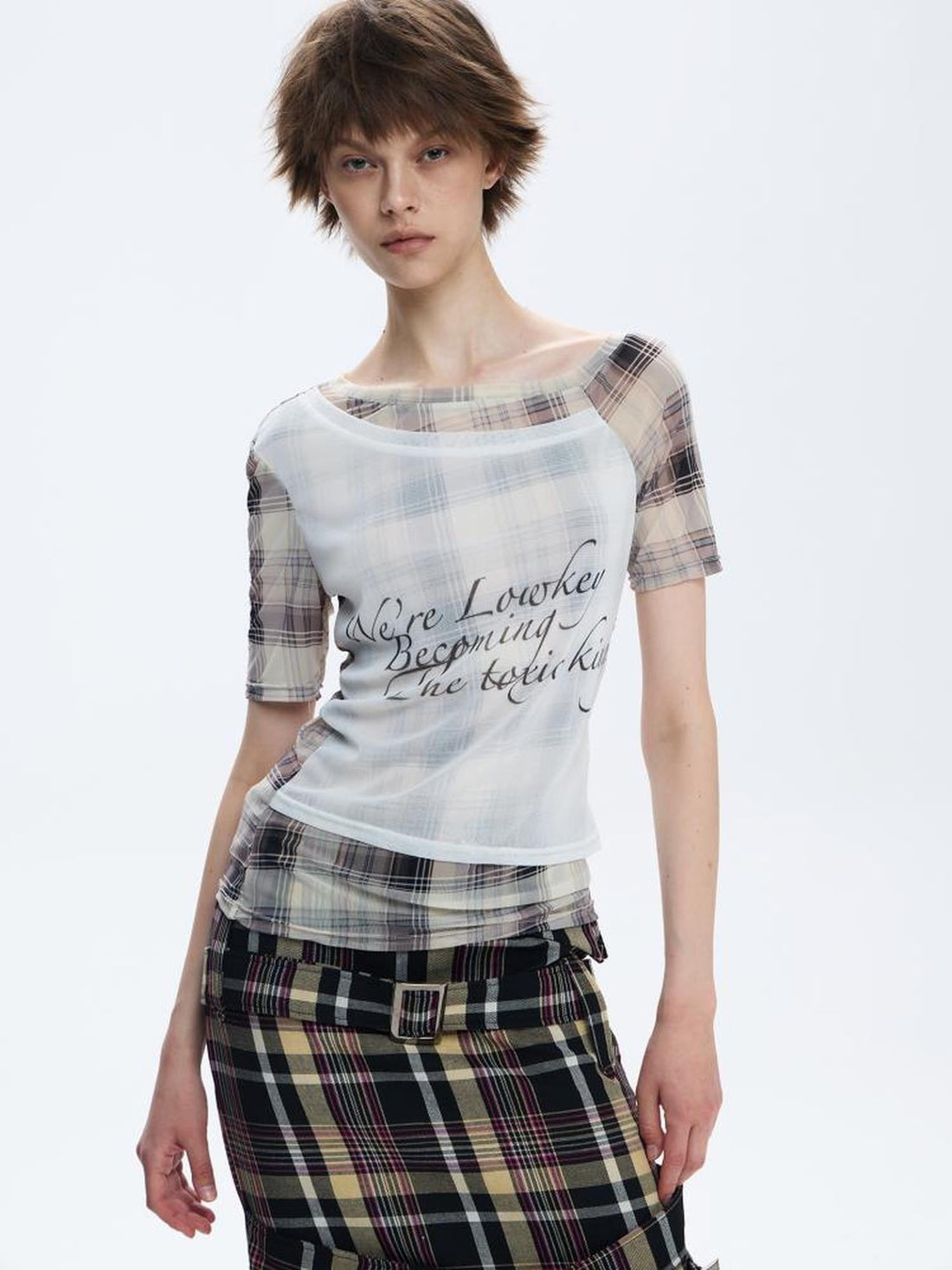FULLTIDE Asymmetric Deconstructed Plaid Letter Print Mesh One Shoulder Slim Women&