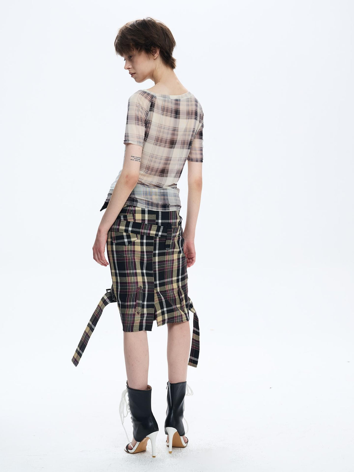 FULLTIDE Asymmetric Deconstructed Plaid Letter Print Mesh One Shoulder Slim Women&
