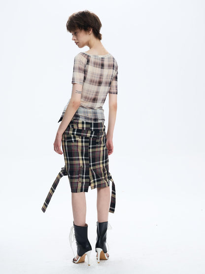 FULLTIDE Asymmetric Deconstructed Plaid Letter Print Mesh One Shoulder Slim Women&