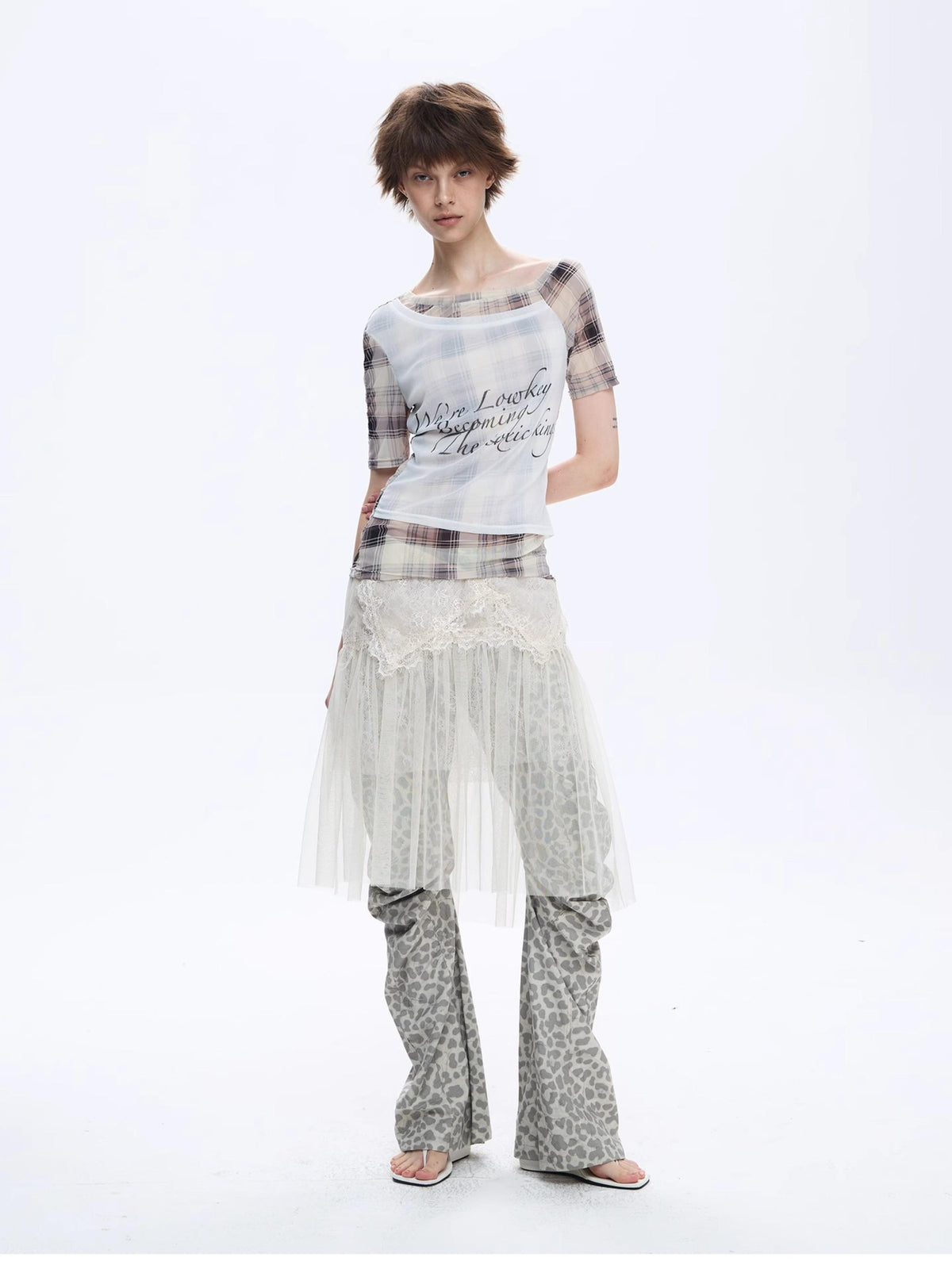 FULLTIDE Asymmetric Deconstructed Plaid Letter Print Mesh One Shoulder Slim Women&