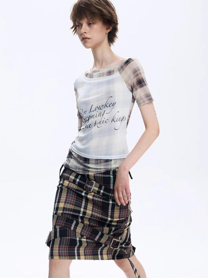 FULLTIDE Asymmetric Deconstructed Plaid Letter Print Mesh One Shoulder Slim Women&