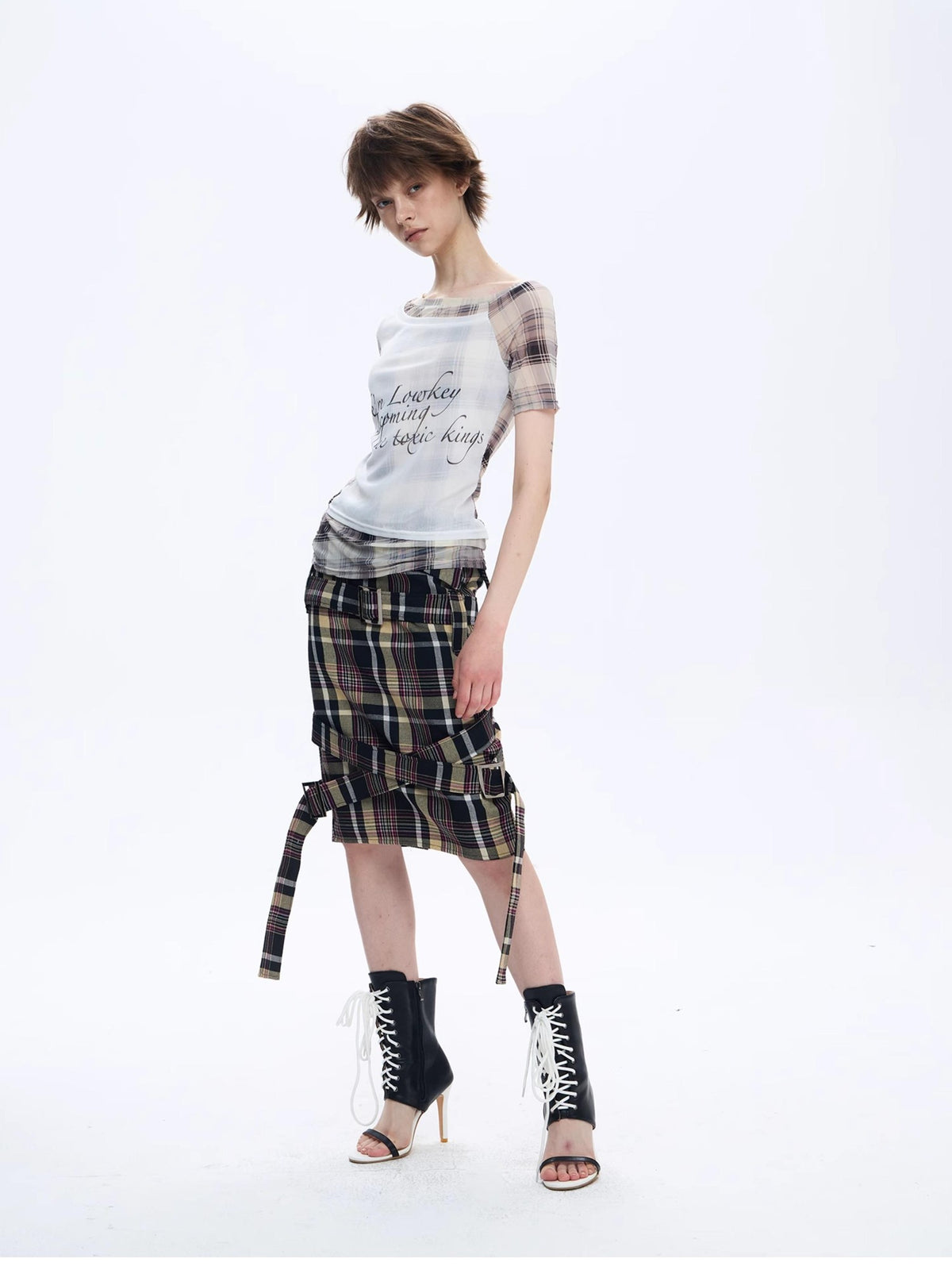FULLTIDE Asymmetric Deconstructed Plaid Letter Print Mesh One Shoulder Slim Women&